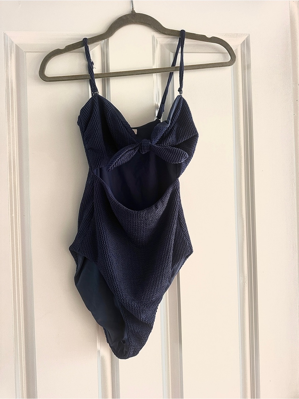 Veronica Beard Textured Navy One-Piece Swimsuit with Front Knot